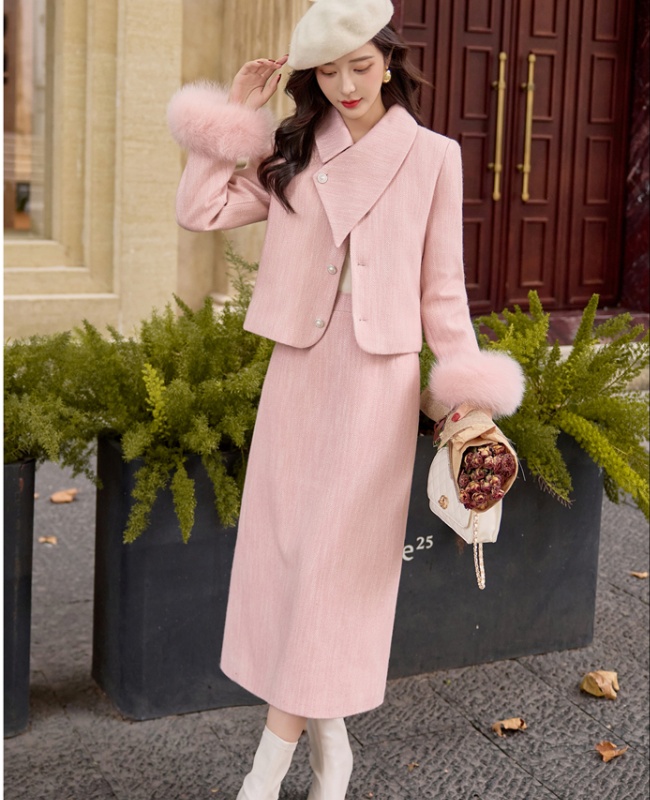 Lapel temperament long skirt thick duck down coat a set