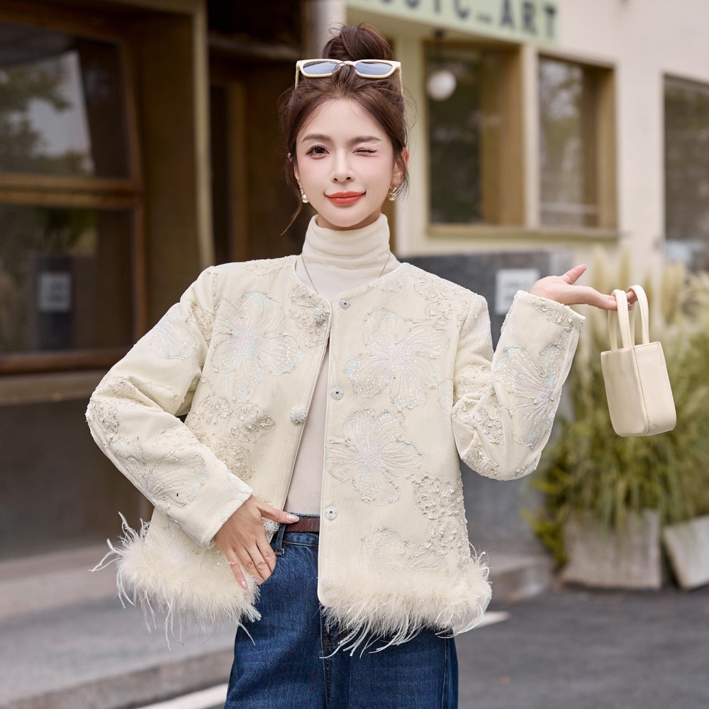 Embroidery duck down ostrich hair winter coat