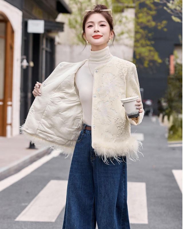 Embroidery duck down ostrich hair winter coat