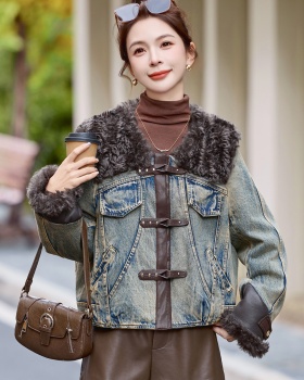 Winter splice duck down PU denim coat