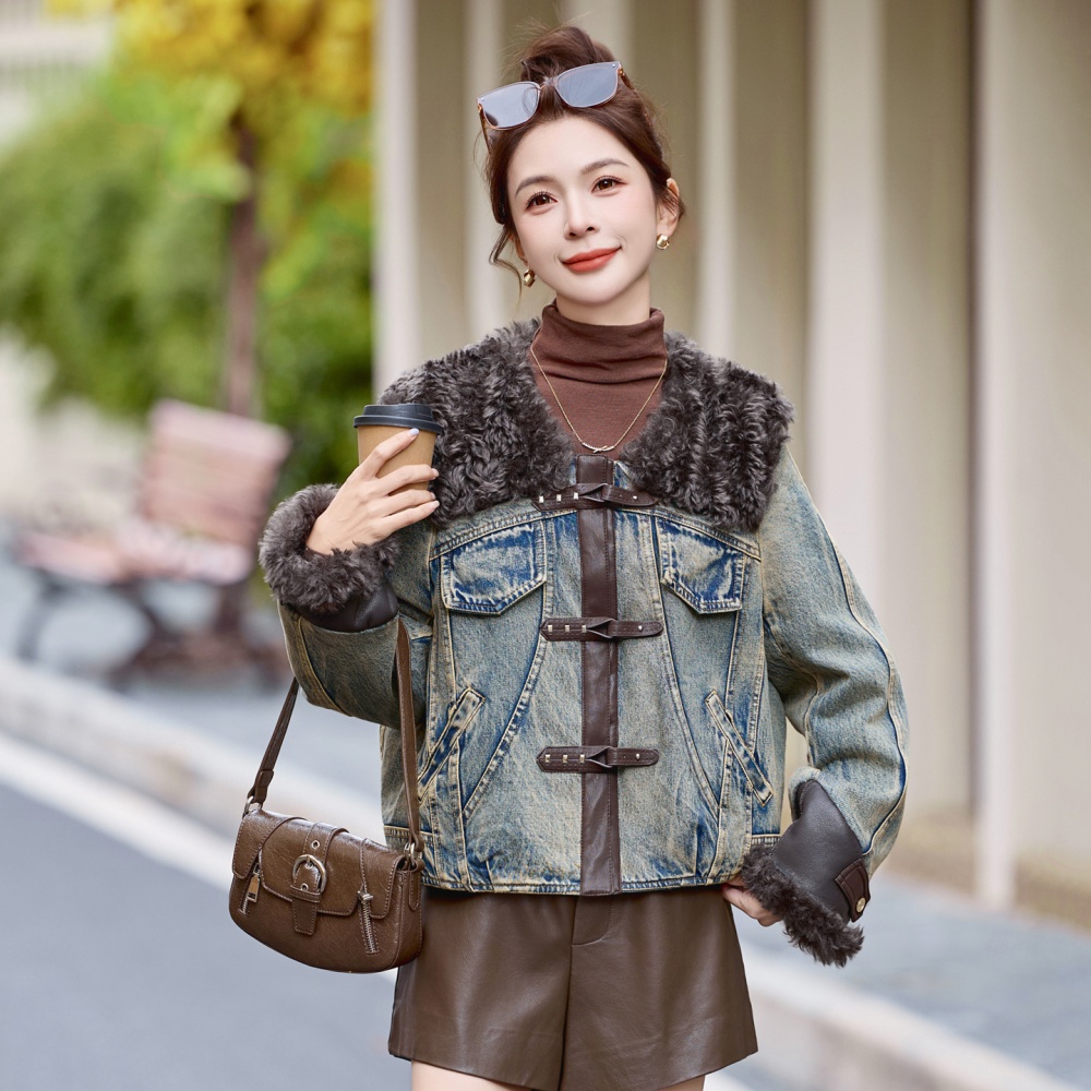 Winter splice duck down PU denim coat