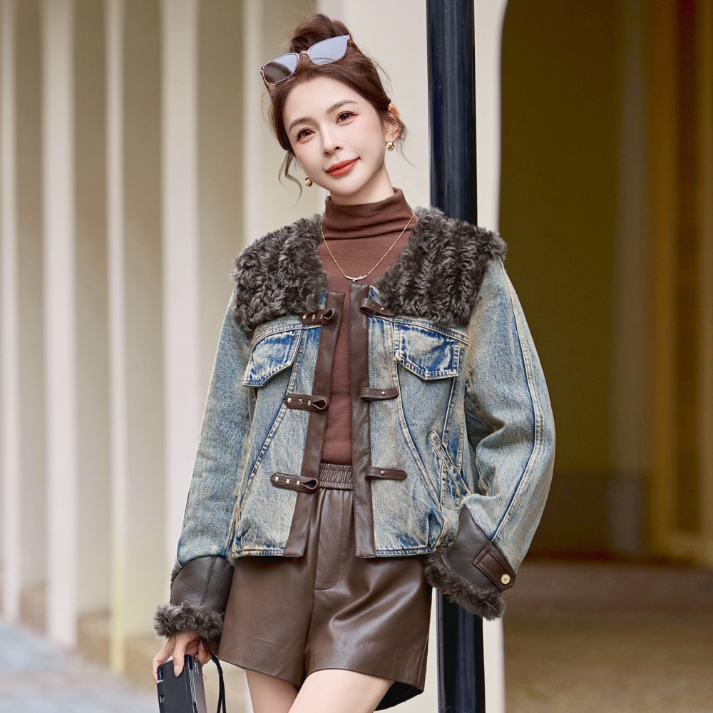 Winter splice duck down PU denim coat