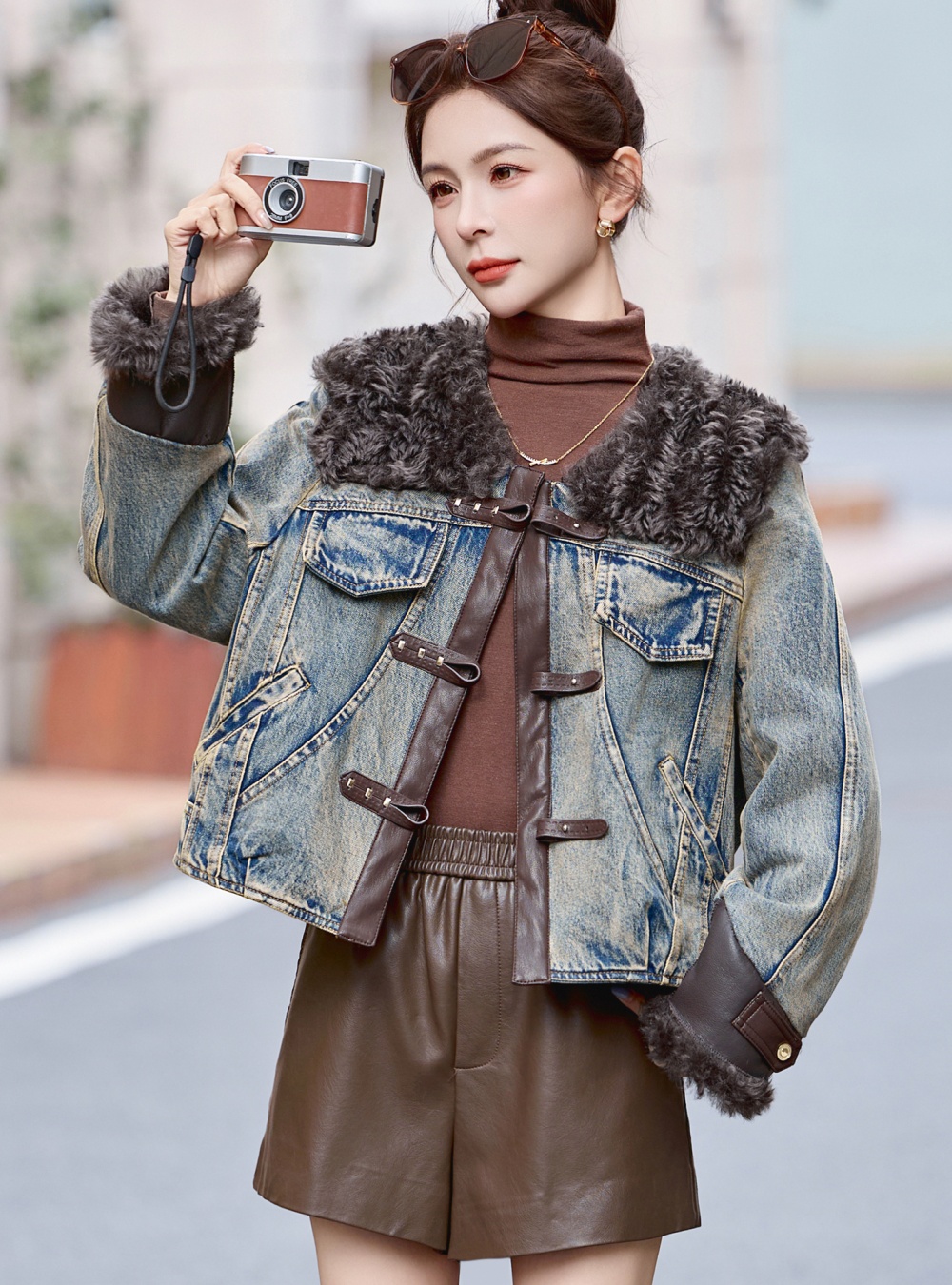 Winter splice duck down PU denim coat