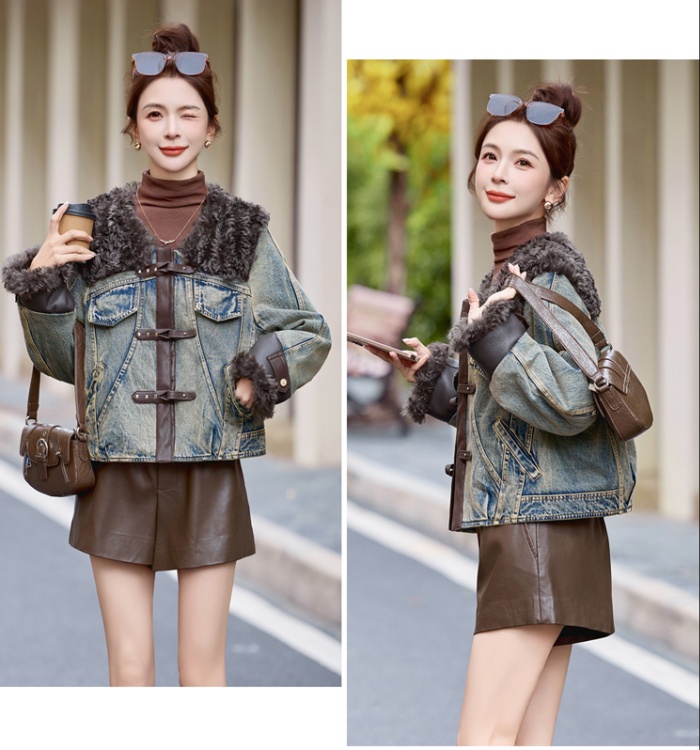 Winter splice duck down PU denim coat