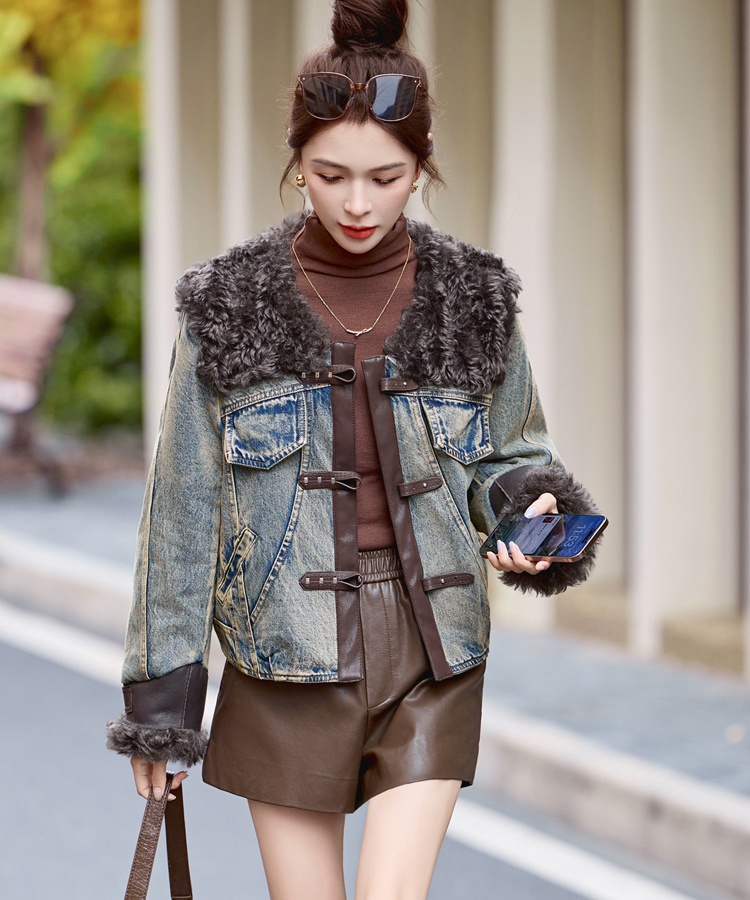 Winter splice duck down PU denim coat