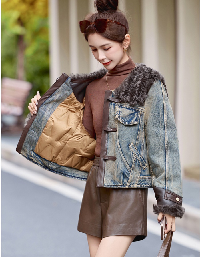 Winter splice duck down PU denim coat