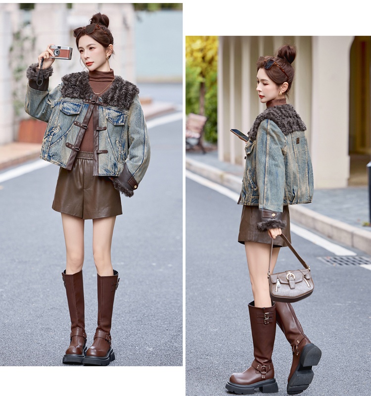 Winter splice duck down PU denim coat