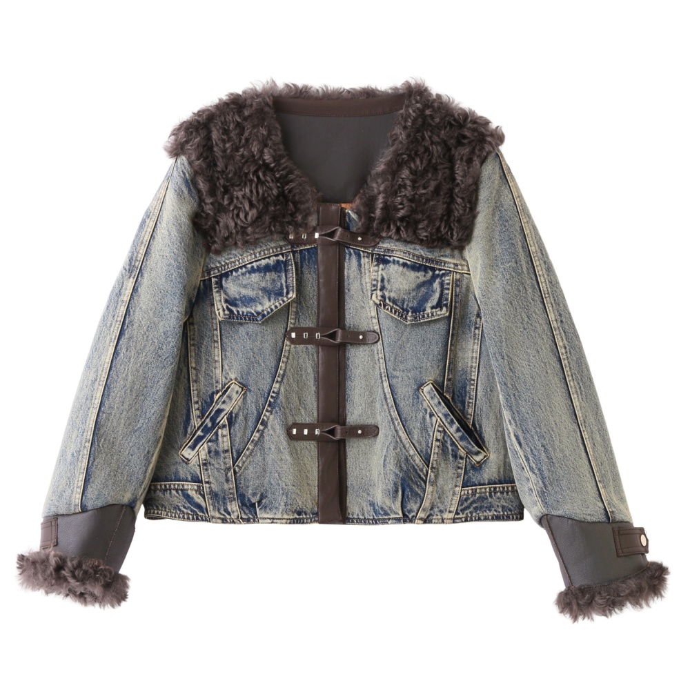 Winter splice duck down PU denim coat