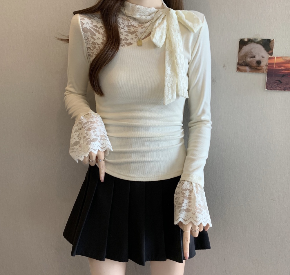 Frenum bow autumn and winter bottoming shirt lace splice tops