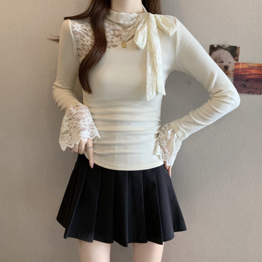 Frenum bow autumn and winter bottoming shirt lace splice tops