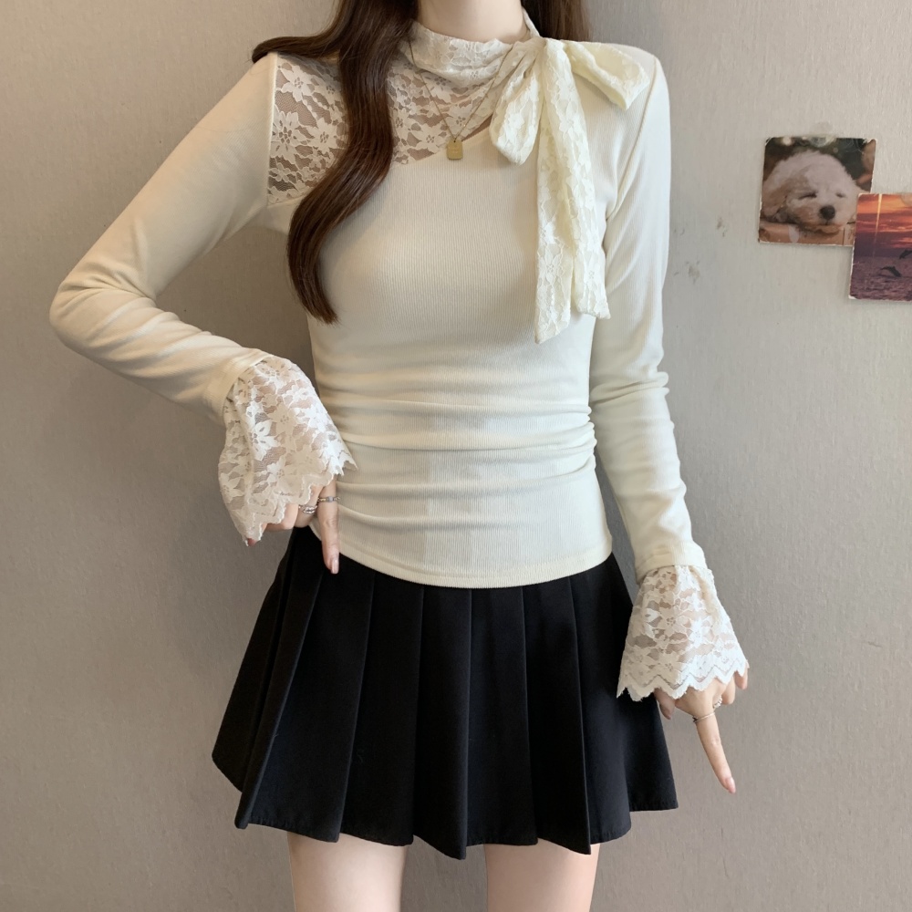 Frenum bow autumn and winter bottoming shirt lace splice tops