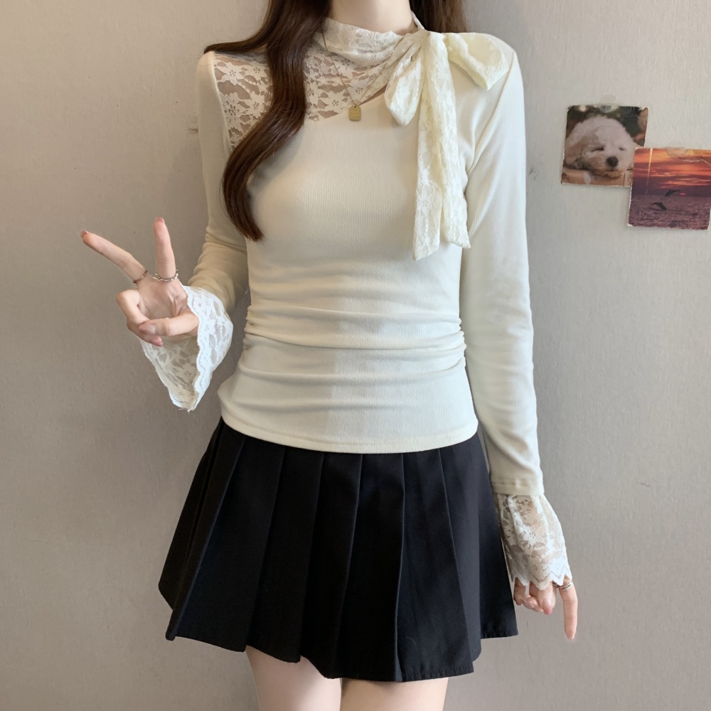 Frenum bow autumn and winter bottoming shirt lace splice tops
