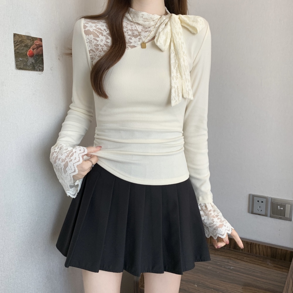 Frenum bow autumn and winter bottoming shirt lace splice tops