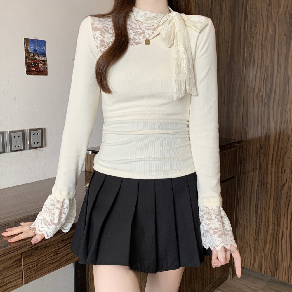 Frenum bow autumn and winter bottoming shirt lace splice tops