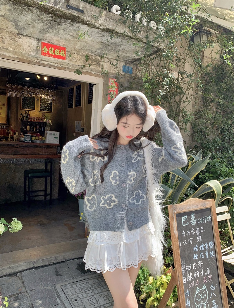 Jacquard loose cardigan lazy short sweater