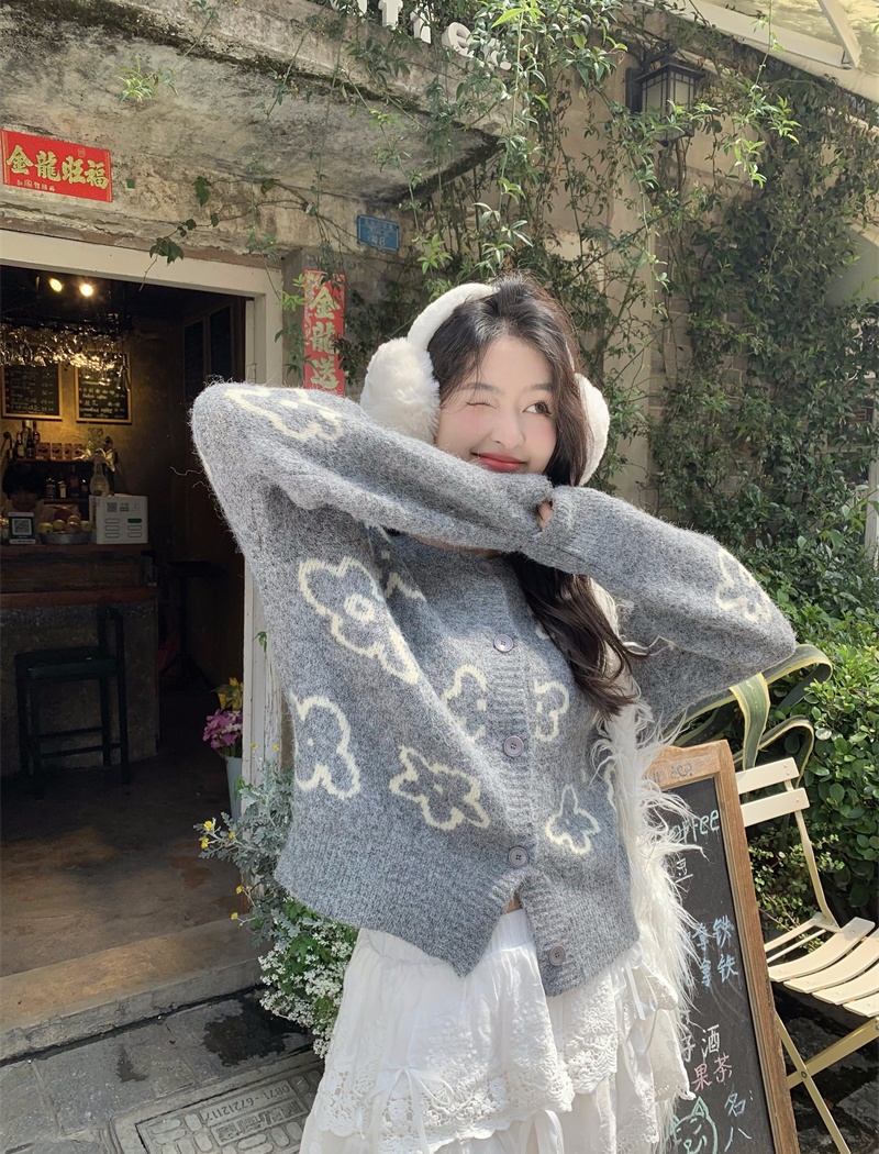 Jacquard loose cardigan lazy short sweater