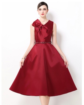 Retro with belt sleeveless big skirt big bow dress