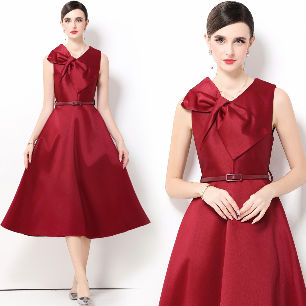 Retro with belt sleeveless big skirt big bow dress