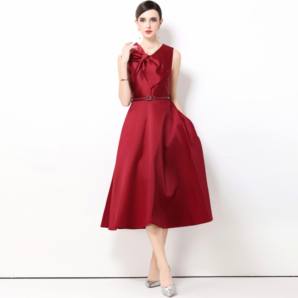 Retro with belt sleeveless big skirt big bow dress
