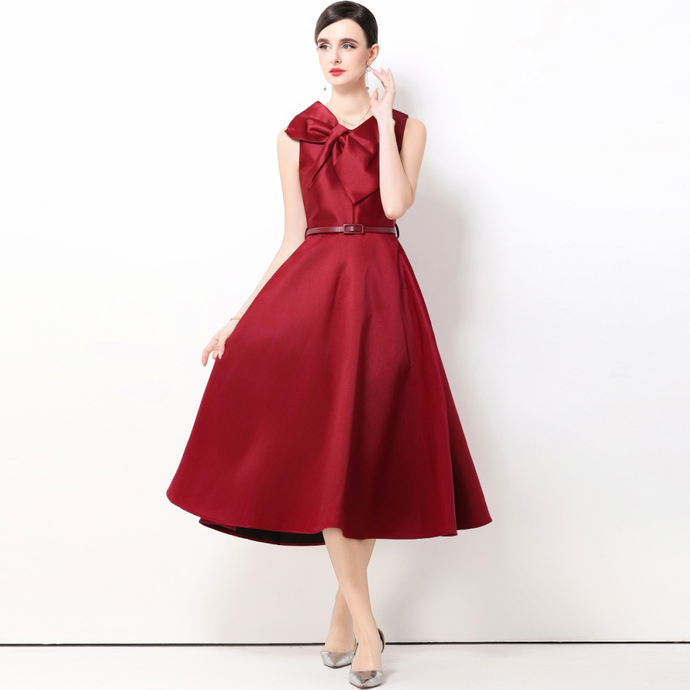 Retro with belt sleeveless big skirt big bow dress