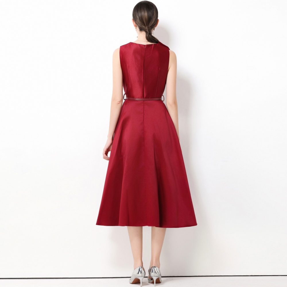 Retro with belt sleeveless big skirt big bow dress
