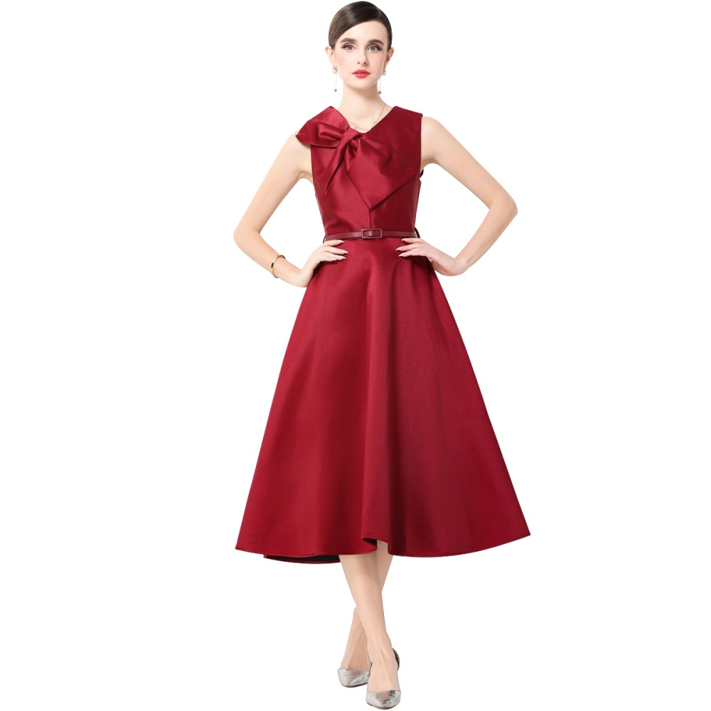 Retro with belt sleeveless big skirt big bow dress