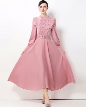 Lotus leaf edges elegant long dress pinched waist dress