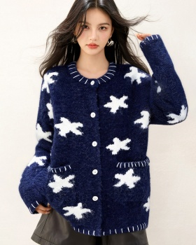 Lazy retro Casual tops jacquard loose stars sweater for women