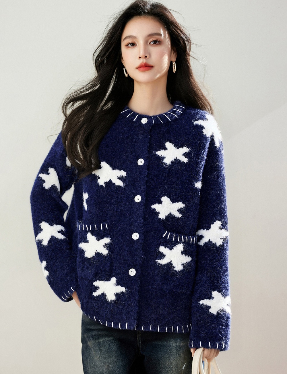 Lazy retro Casual tops jacquard loose stars sweater for women