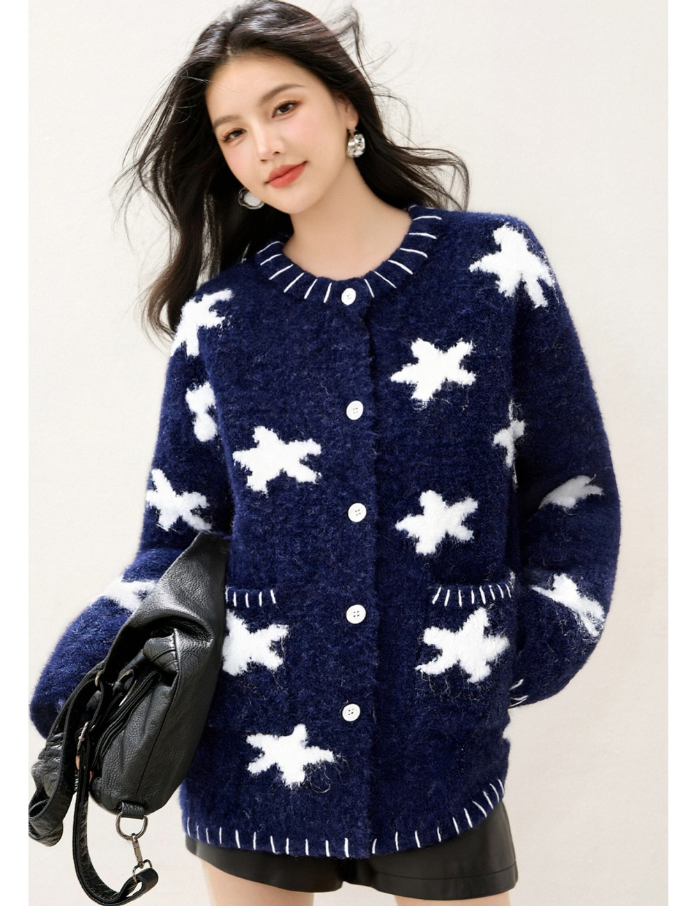 Lazy retro Casual tops jacquard loose stars sweater for women