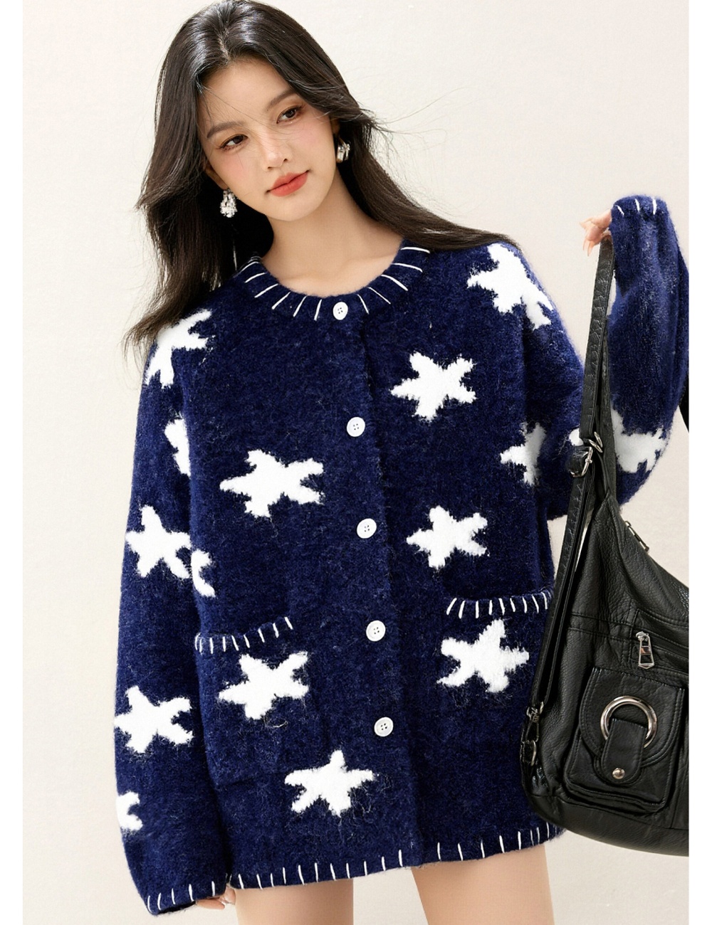 Lazy retro Casual tops jacquard loose stars sweater for women