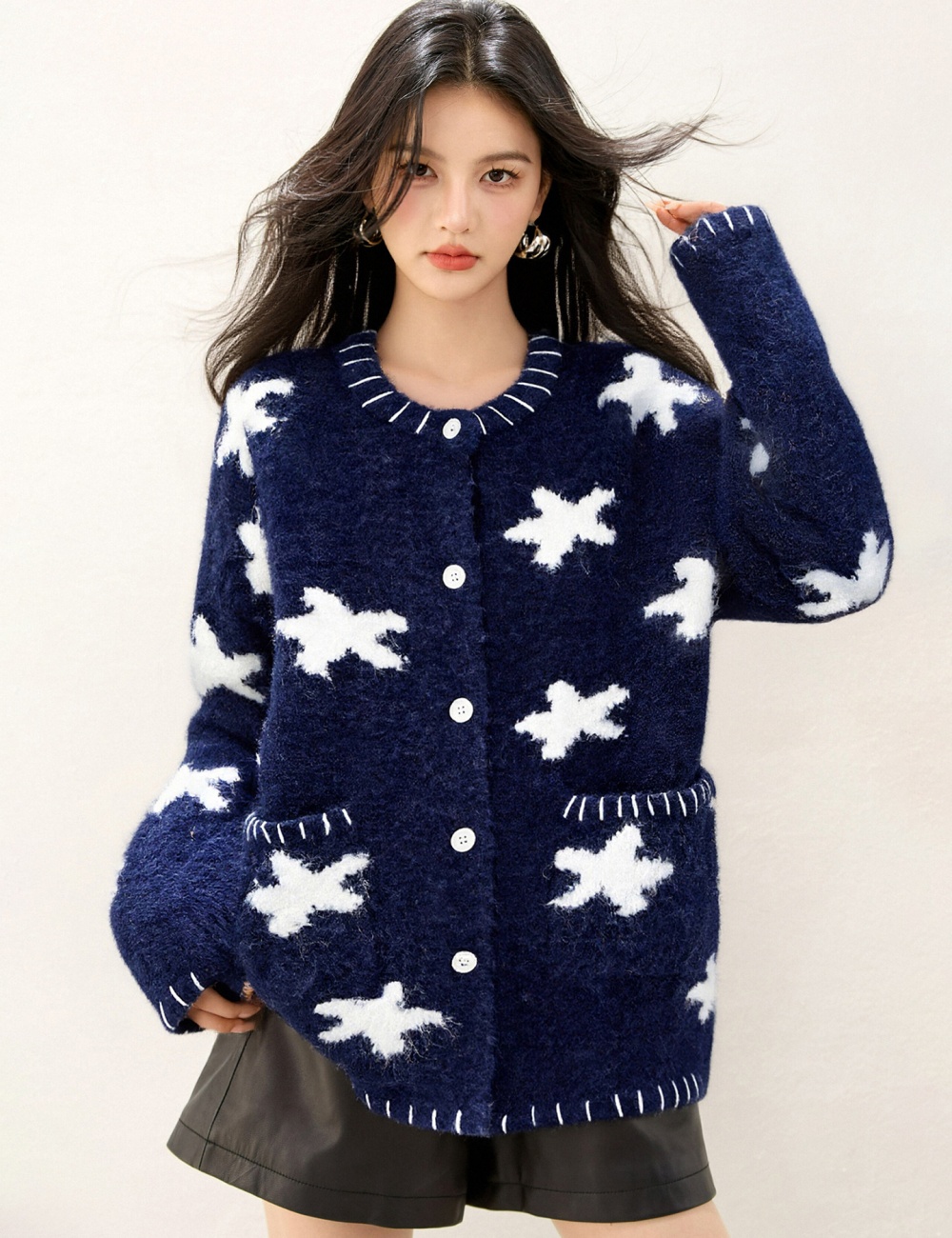 Lazy retro Casual tops jacquard loose stars sweater for women