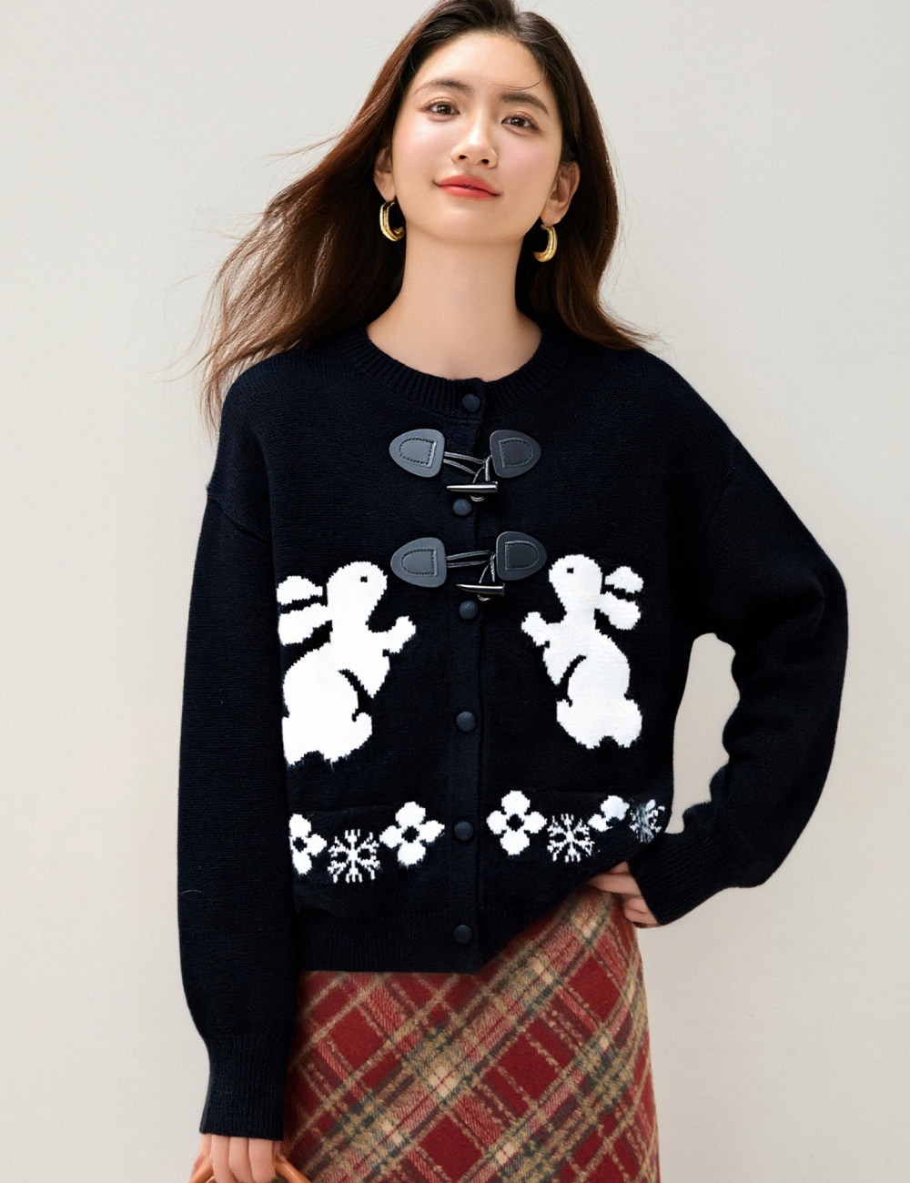 Lazy loose buckle cardigan sweet rabbit fur tops for women