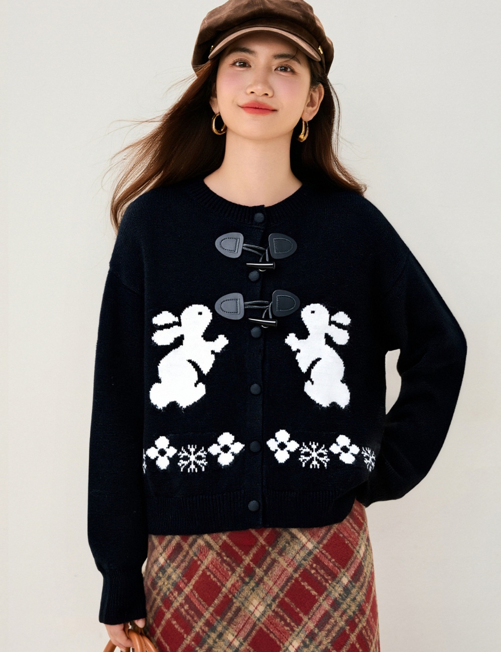 Lazy loose buckle cardigan sweet rabbit fur tops for women