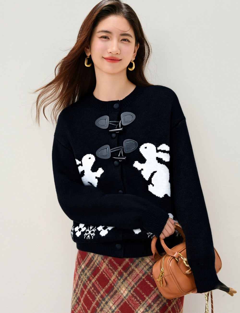 Lazy loose buckle cardigan sweet rabbit fur tops for women