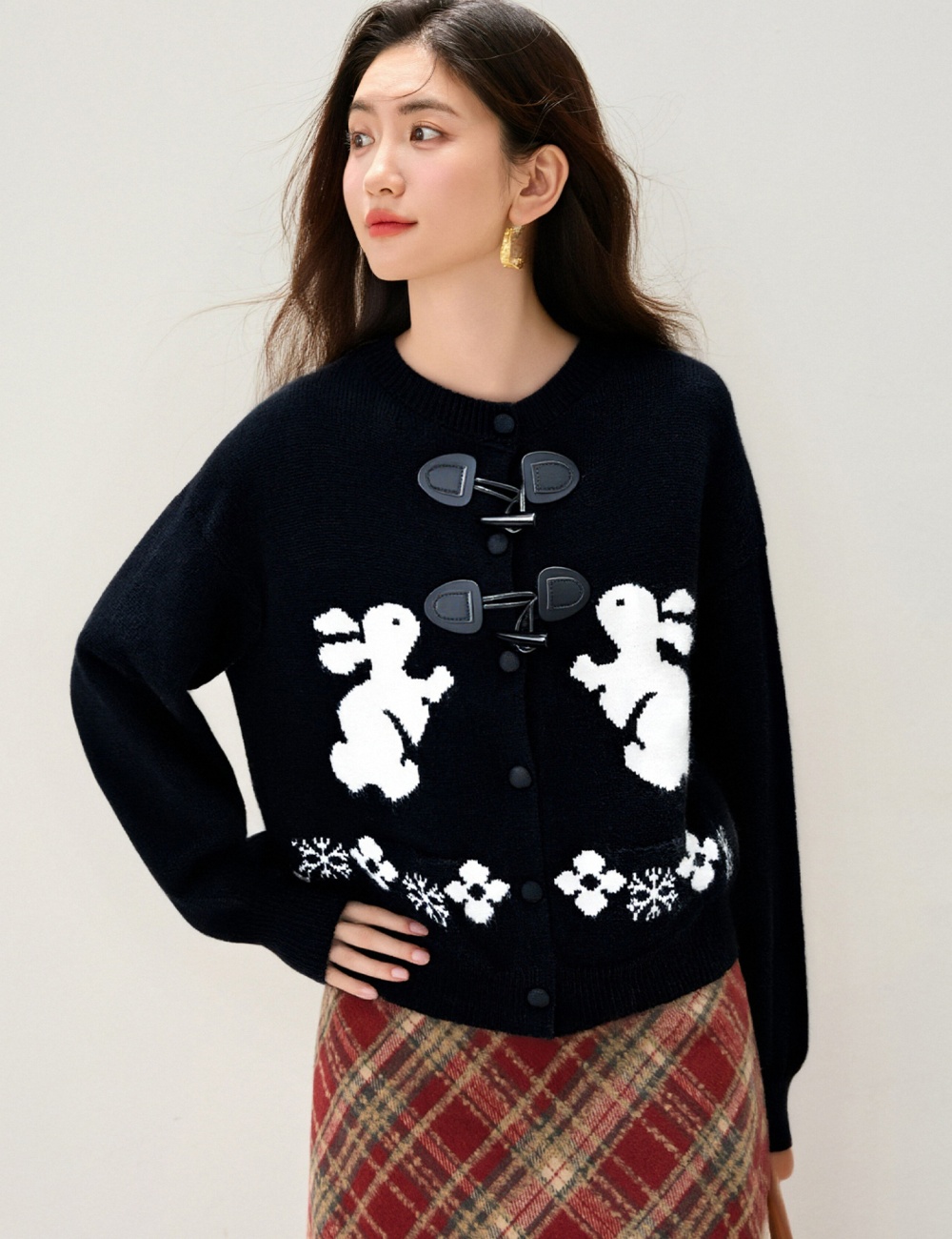 Lazy loose buckle cardigan sweet rabbit fur tops for women