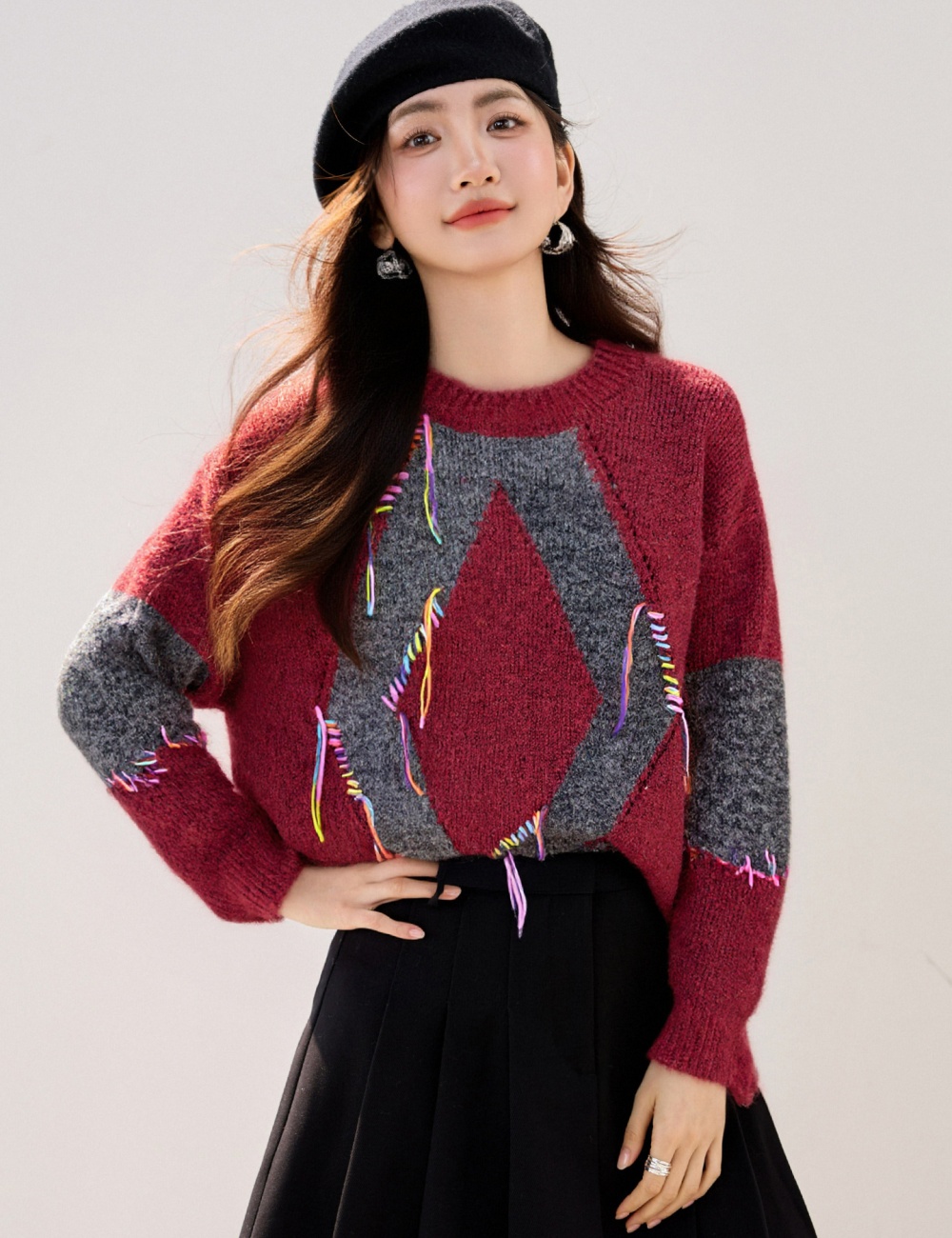 Loose winter sweater mixed colors knitted tops for women