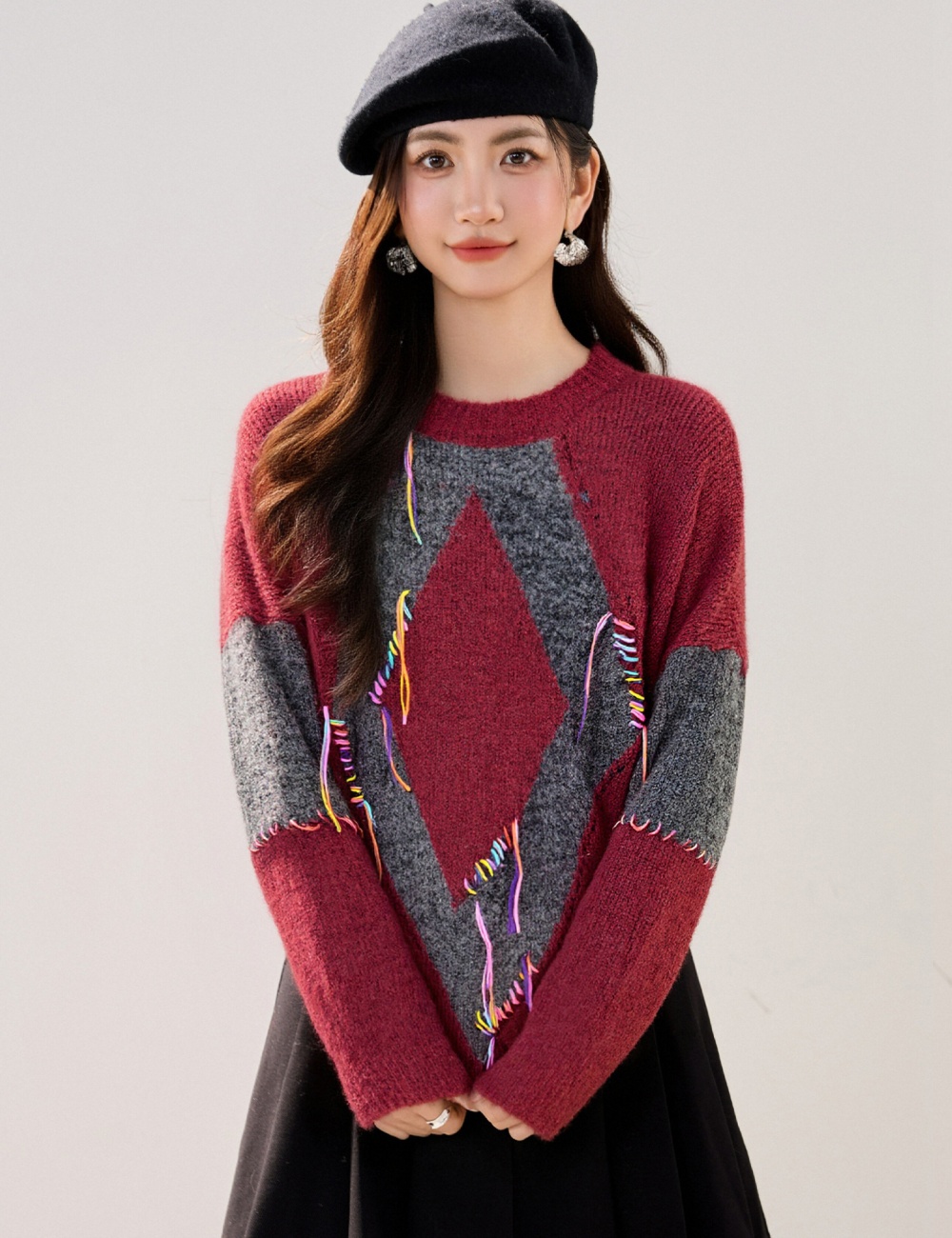Loose winter sweater mixed colors knitted tops for women