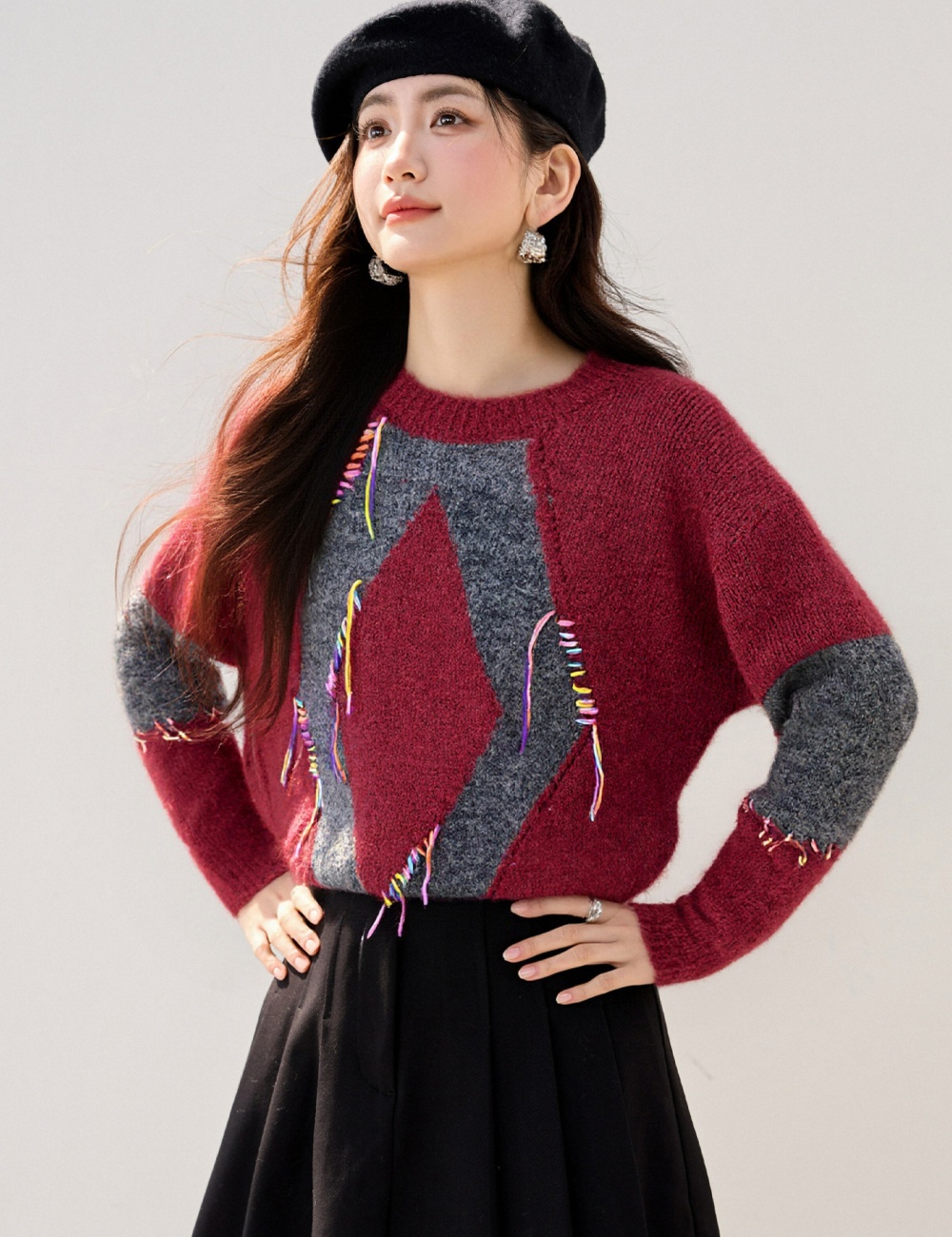 Loose winter sweater mixed colors knitted tops for women