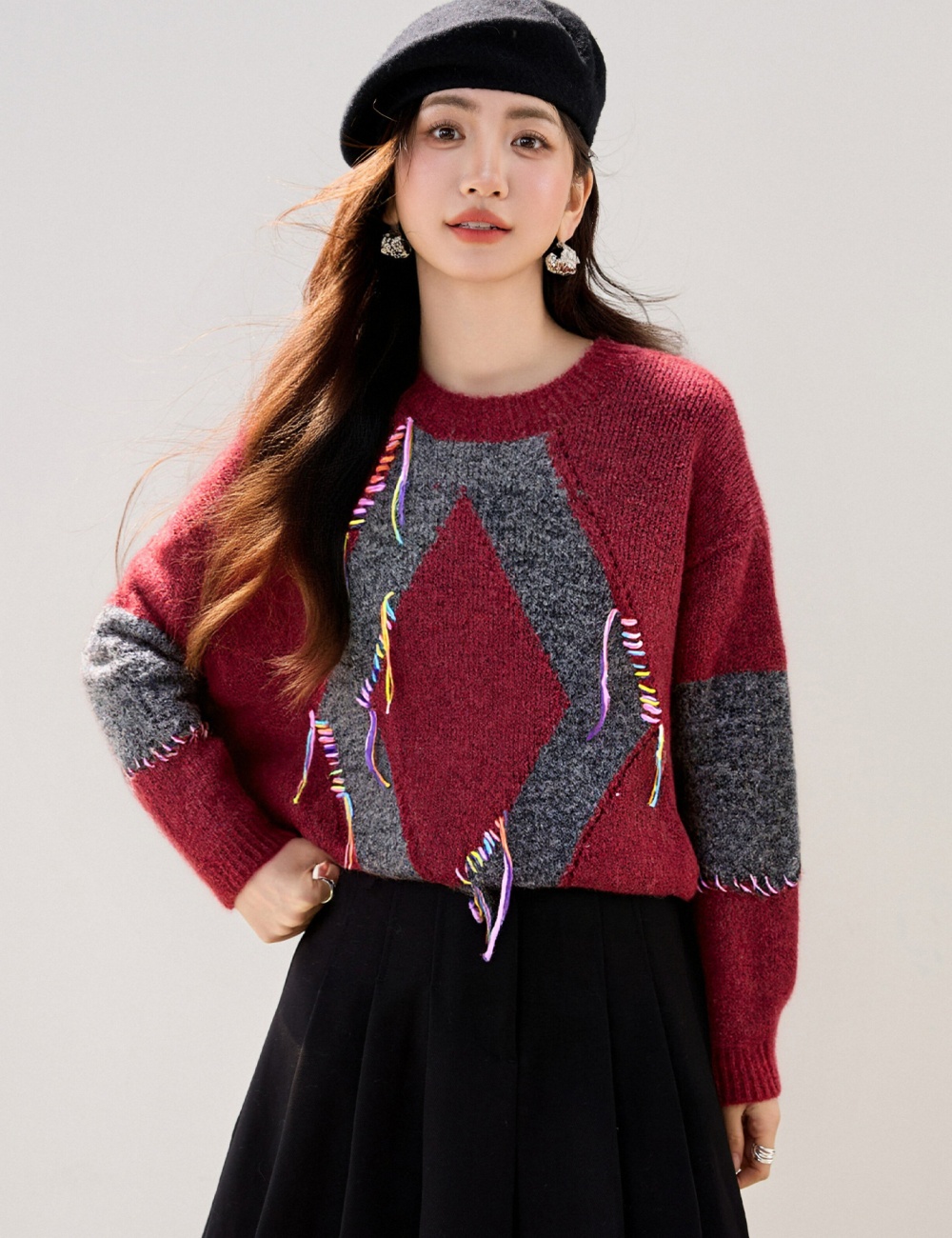 Loose winter sweater mixed colors knitted tops for women