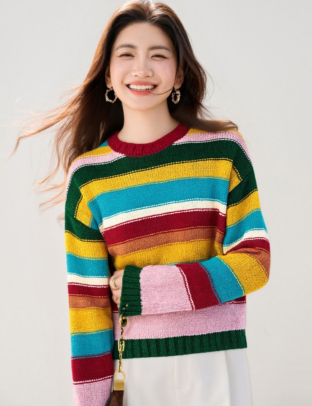 Korean style winter mixed colors lazy rainbow sweater for women