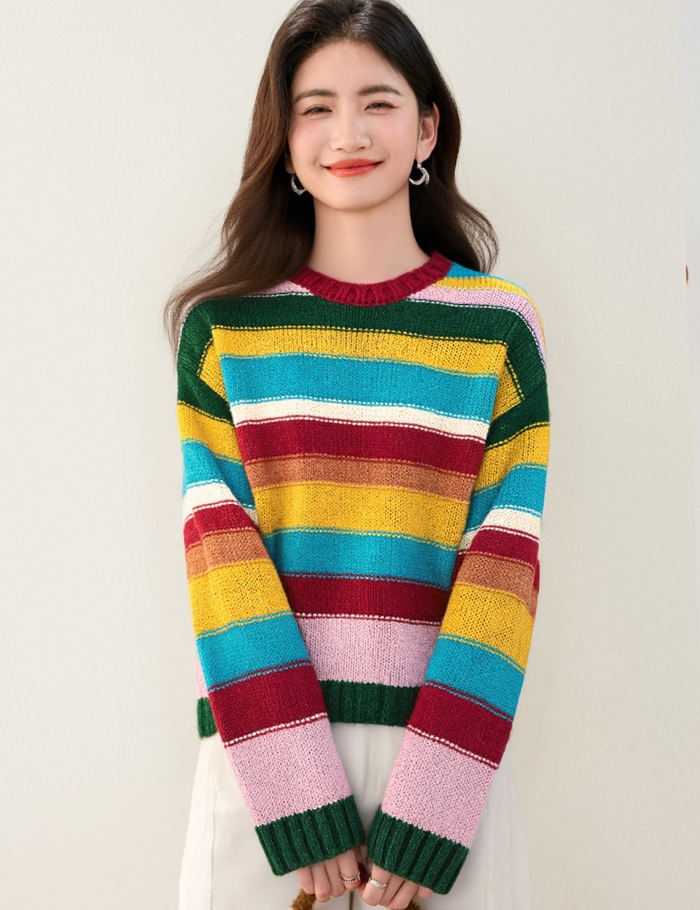 Korean style winter mixed colors lazy rainbow sweater for women