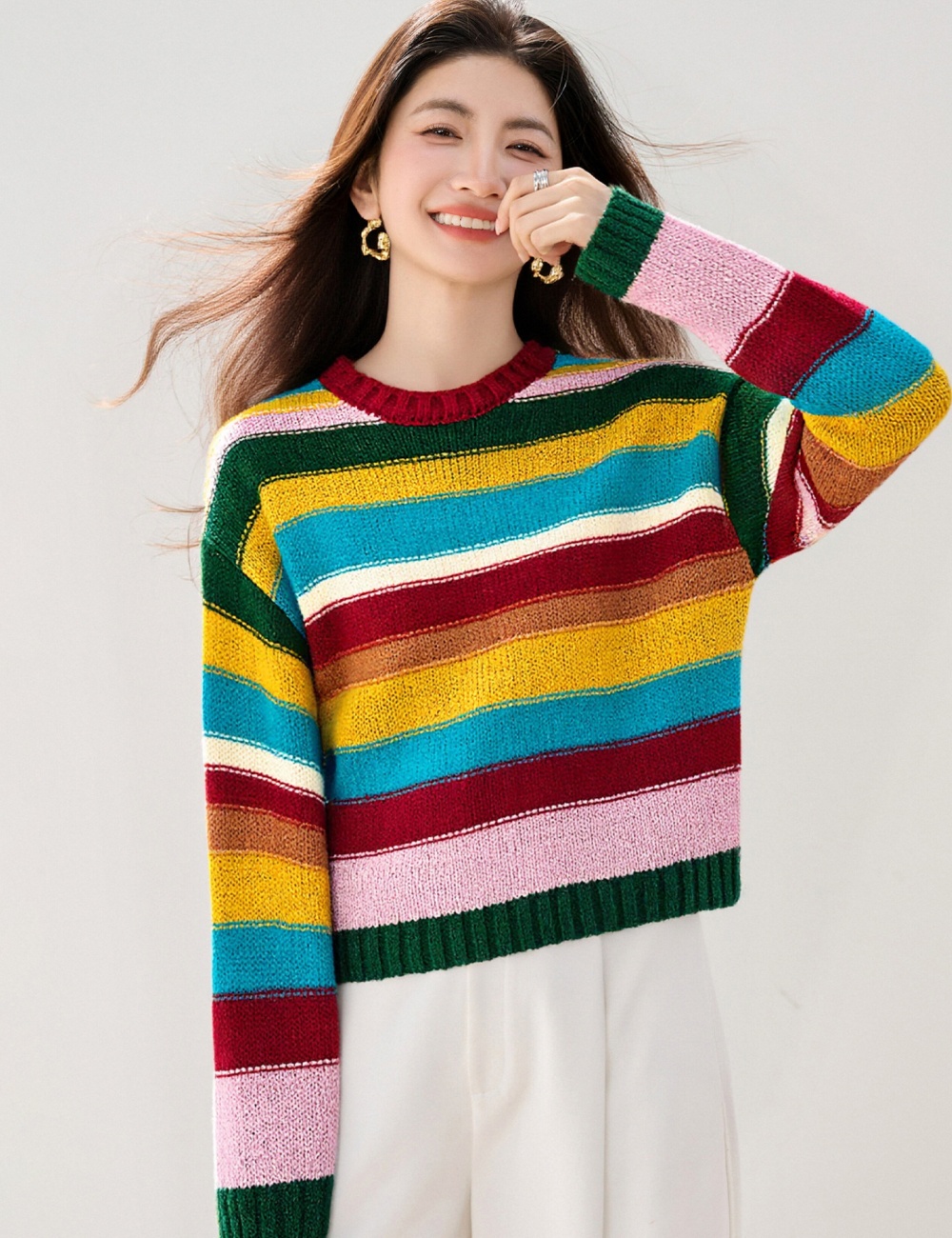 Korean style winter mixed colors lazy rainbow sweater for women