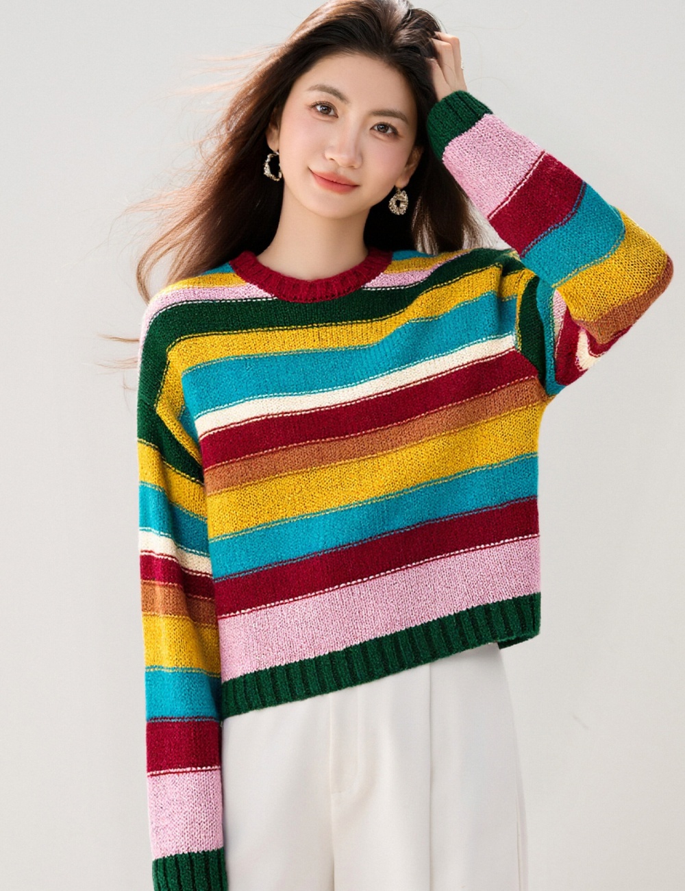 Korean style winter mixed colors lazy rainbow sweater for women