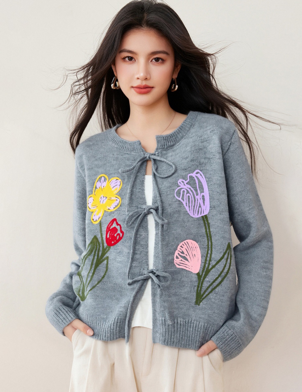 Embroidery embroidered bandage knitted cardigan