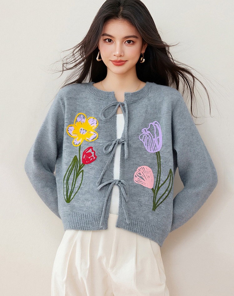 Embroidery embroidered bandage knitted cardigan