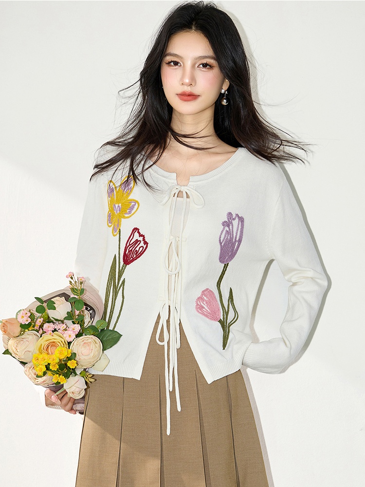 Embroidery embroidered bandage knitted cardigan