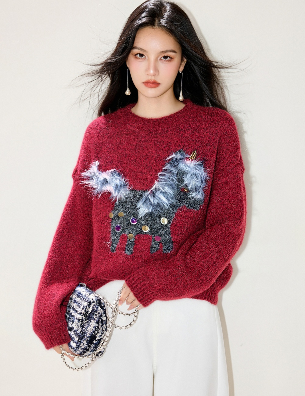 Embroidery pony sweater Korean style tops for women
