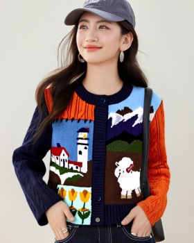 Splice cartoon long sleeve jacquard cardigan
