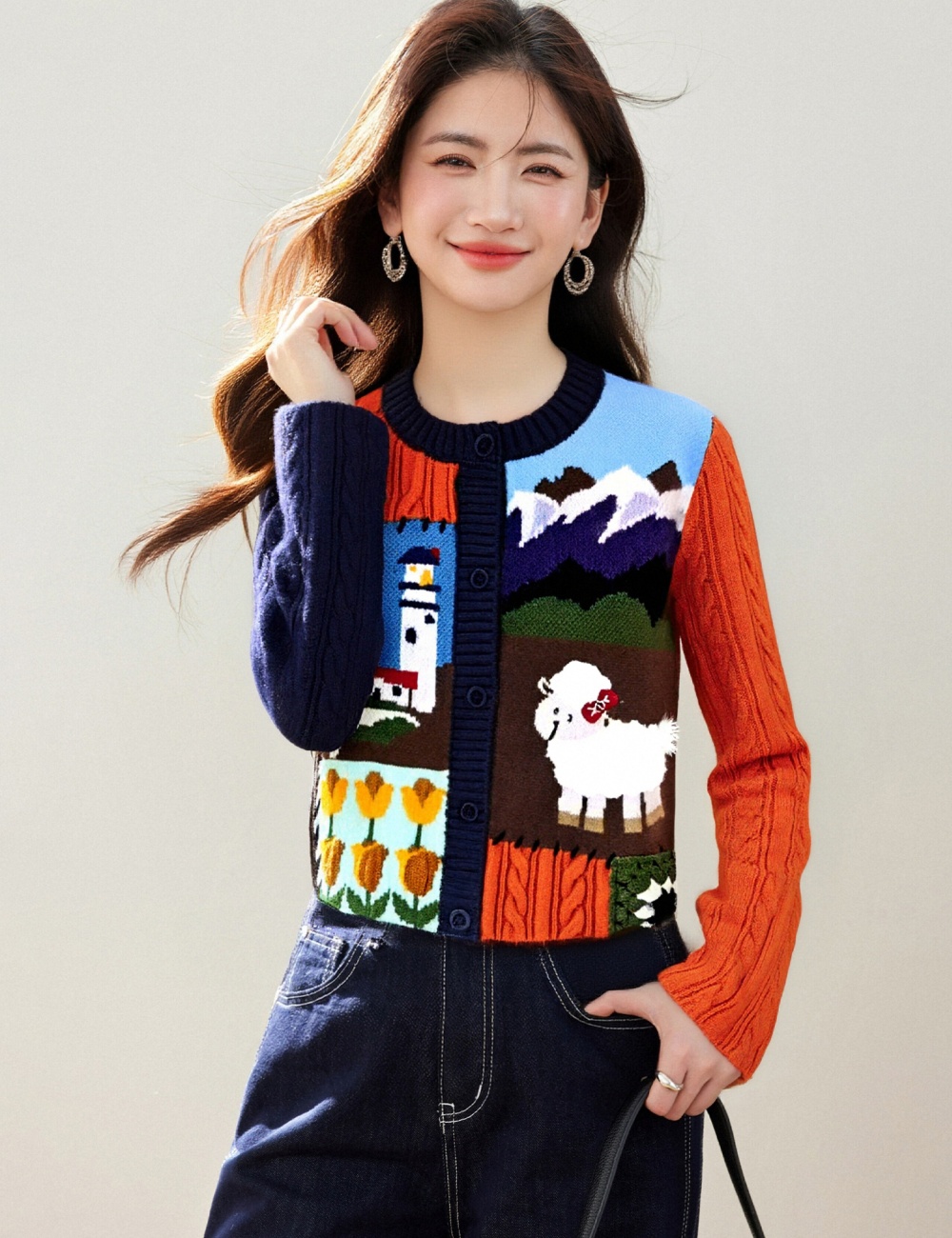 Splice cartoon long sleeve jacquard cardigan